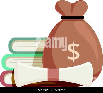 Flat vector illustration of a money bag on top of books beside a diploma, symbolizing education financing. Money bag with books and diploma illustration Stock Vector