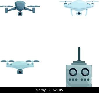 Quadrocopter icons set cartoon vector. Various drone with integrated camera. Aerial videography. Quadrocopter icons set cartoon vector. Various drone with integrated camera Stock Vector