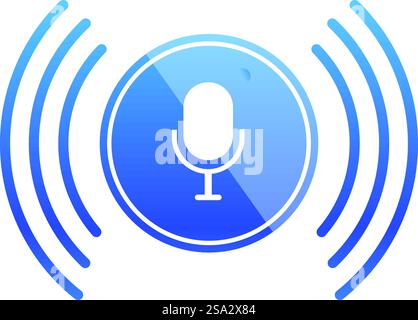 Sleek blue icon featuring a microphone and sound waves, symbolizing voice command or digital assistant. Blue voice assistant icon with sound waves Stock Vector