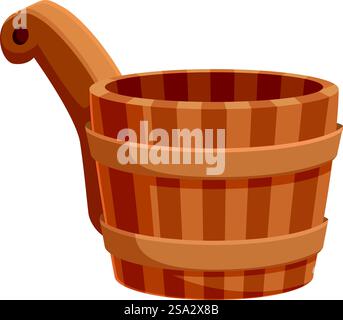 Vector image of a stylized wooden sauna bucket with a handle, isolated on white. Cartoon wooden sauna bucket illustration Stock Vector