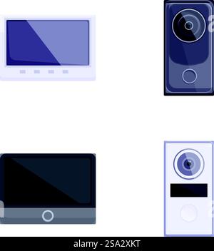 Intercom icons set cartoon vector. Video audio door phone entry system. Entrance security device. Intercom icons set cartoon vector. Video audio door phone entry system Stock Vector