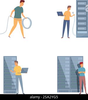 System administrator icons set cartoon vector. Man work with server and laptop. Service maintenance. System administrator icons set cartoon vector. Man work with server and laptop Stock Vector