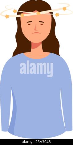 Illustration of a woman experiencing dizziness, vertigo, and imbalance due to a medical condition, depicted in a cartoon graphic. Graphic representation of a dizzy woman with swirls around her head Stock Vector