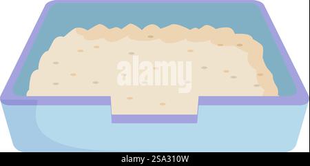 Cartoon cat litter box illustration with purple design and minimalistic simplicity, depicting pet supplies and accessories for feline hygiene and waste management. Vector illustration of a simplistic cartoon litter box with cat litter, isolated on a white background Stock Vector