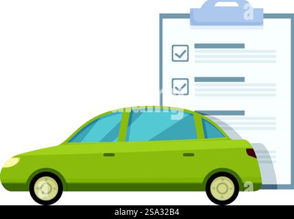 Illustrated car inspection checklist with quality control, scheduled maintenance, and safety checks, in flat design vector illustration, isolated on transparent background. Graphic of a green car with a large checklist, symbolizing vehicle inspection or maintenance Stock Vector