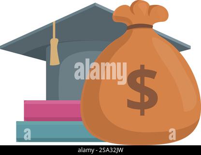 Illustration of the concept of education investment with graduation. Money bag. Tuition. Scholarship. Student loans. Financial aid. College costs. Savings. Academic funding. Budget. Cap and gown. Graphic of a graduation cap with books and a money bag, representing educational expenses Stock Vector