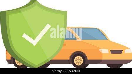 Vector graphic of a car with a green shield emblazoned with a check mark symbolizing insurance. Car insurance protection concept illustration Stock Vector