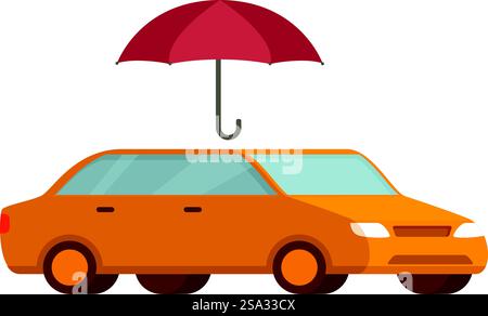Flat design vector illustration of a yellow taxi covered by a large red umbrella. Yellow taxi under red umbrella illustration Stock Vector