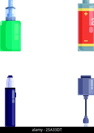 E cigarette icons set cartoon vector. Electronic cigarette accessory. Alternative smoking. E cigarette icons set cartoon vector. Electronic cigarette accessory Stock Vector