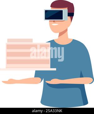 Flat design of a smiling male with vr glasses interacting with a floating 3d bar chart hologram. Man wearing virtual reality headset holding holographic data Stock Vector