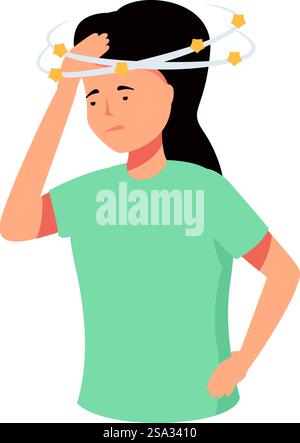 Vector graphic of a young woman experiencing vertigo, with stars circling her head. Cartoon woman with dizziness illustration Stock Vector