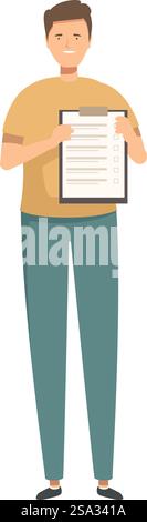 Illustration of a young adult male standing and holding a clipboard with a checklist, representing organization, productivity, and task management in a flat cartoon character design vector. Vector graphic of a young man presenting a long checklist on a clipboard Stock Vector