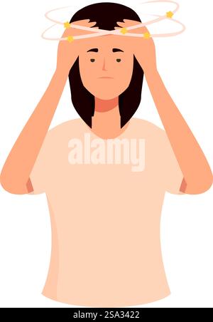 Illustration of a woman holding her head with stars indicating dizziness or vertigo. Woman experiencing dizziness and confusion Stock Vector