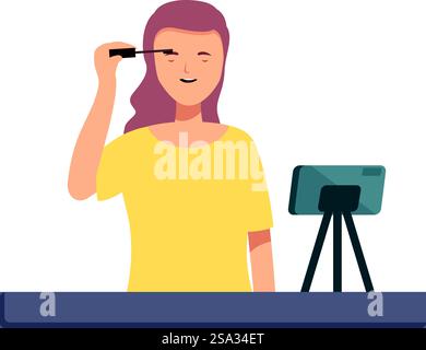 Illustrated image of a smiling young woman applying mascara in front of a camera. Young woman recording makeup tutorial Stock Vector