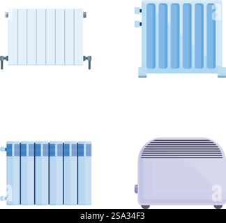 Heating radiator icons set cartoon vector. Equipment for providing heat at home. Heating device. Heating radiator icons set cartoon vector. Equipment for providing heat at home Stock Vector