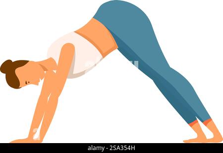 Illustration of a woman performing the downward dog pose, showcasing calmness and flexibility. Woman practicing downward dog yoga pose Stock Vector