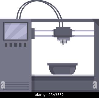 Modern 3d printer icon in vector illustration showcasing the latest technology in digital additive manufacturing, prototype design, and equipment innovation for the industry. Vector illustration of a contemporary 3d printer with digital display and printing head Stock Vector