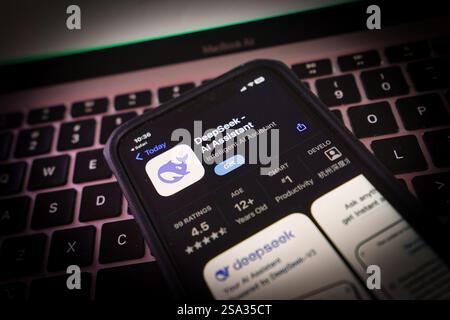 DeepSeek AI application on an iPhone. Stock Photo