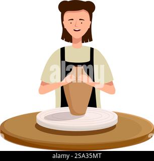 Vector illustration of a cheerful potter creating a vase on a pottery wheel. Smiling potter shaping clay on wheel Stock Vector