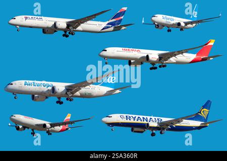 Madrid Barajas airport airlines. LATAM, Ryanair, Iberia, Air Europa. Airliners. Stock Photo