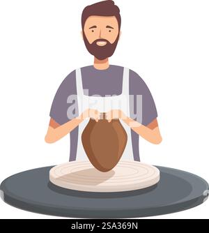 Vector illustration of a smiling male potter shaping a clay vase on a pottery wheel. Potter at work crafting ceramic vase Stock Vector
