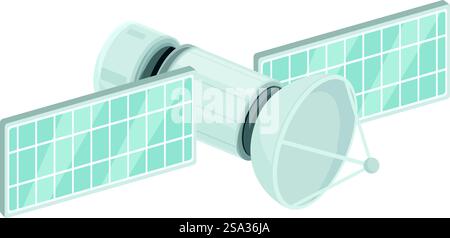 Detailed vector illustration of an isometric satellite with solar panels in outer space. Showcasing modern technology and communication design. Perfect for science. Aerospace. And engineering concepts. Detailed isometric vector of a satellite with solar panels in a clean, modern design Stock Vector