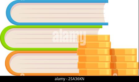 Illustration of books with coins, symbolizing the financial aspect of education. Stacked books with coins education investment concept Stock Vector