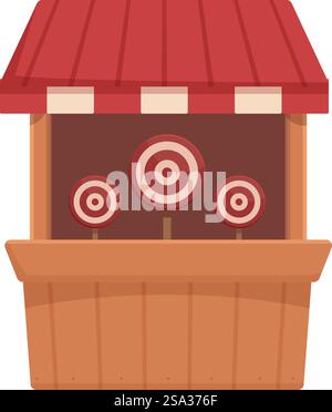 Illustration of a colorful, wooden shooting range kiosk with targets, in a flat design style. Cartoon style shooting range booth Stock Vector
