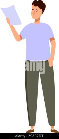 Cartoon of a puzzled young man looking at a paper document in his hand. Confused man holding a document Stock Vector