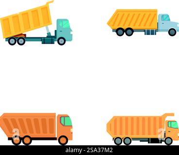 Collection of four colorful, vector illustrated dump trucks, isolated for easy use in design projects. Set of cartoon dump trucks on white background Stock Vector