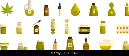 Hemp cannabinoid extract vector. A collection of various green items, including bottles, cups, and bags, with the word cannabis written on some of them. Hemp cannabinoid extract vector. A collection of various green items, including bottles, cups, and bags Stock Vector