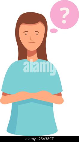 Illustration of a thoughtful woman with arms crossed and a question mark in a thought bubble. Woman contemplating with question mark thought bubble Stock Vector