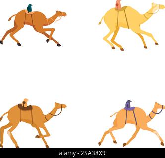 Collection of colorful flat design illustrations featuring riders on camels isolated on white background. Set of flat design camel riders in various colors Stock Vector
