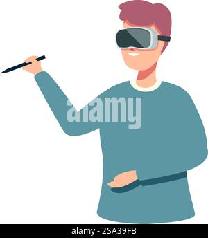Innovative and futuristic virtual reality experience illustration featuring a young adult man wearing vr glasses and headset. Vector graphic of a man using virtual reality glasses and holding a controller Stock Vector