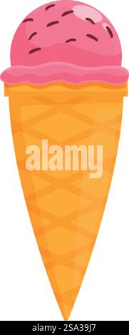 Vector graphic of a strawberry ice cream scoop in a crispy cone, isolated on white. Strawberry ice cream cone illustration Stock Vector