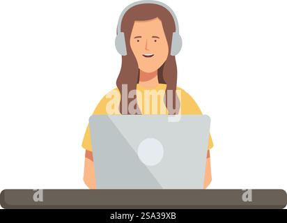 Illustration of a smiling young woman working on a laptop while wearing headphones. Young woman with headphones using laptop Stock Vector
