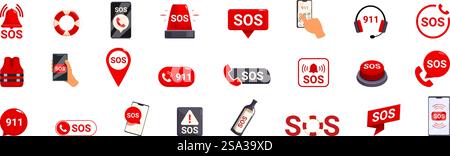 Sos sign vector. A collection of icons for the SOS button, including a cell phone, a bottle, a red SOS button, and a red SOS sign. Sos sign vector. A collection of icons for the SOS button, including a cell phone, a bottle Stock Vector