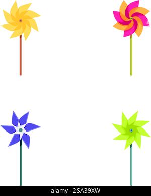Four different cartoonstyle pinwheels in vibrant colors, ideal for decorations and parties. Colorful pinwheel set isolated on white background Stock Vector
