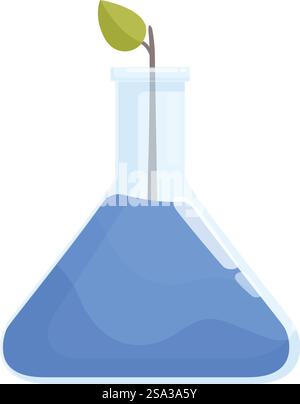 Vector illustration of a green plant sprout growing from a blue liquid in a lab flask. Plant sprout in laboratory flask Stock Vector