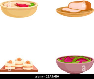 Diverse collection of vector illustrations of assorted international cuisine and food items, including soup, bread, appetizers, salad, and more, representing culinary diversity from around the world. Set of four illustrations depicting various international dishes, isolated on white Stock Vector