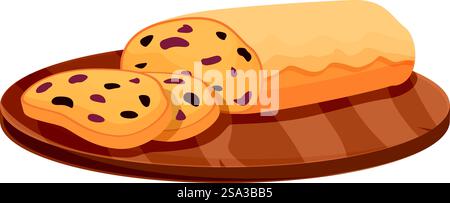 Cartoon illustration of a loaf of bread with sliced pieces on a wood cutting board. Freshly baked bread loaf and slices on wooden board Stock Vector