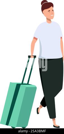 Illustration of a smiling young woman casually walking with a trolley suitcase, depicting travel and independence. Young woman traveler with suitcase Stock Vector