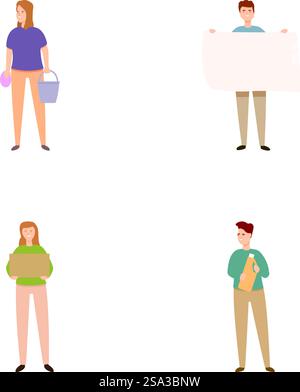 Collection of four minimalistic illustrations showing diverse people with different items. Set of casual people holding various objects Stock Vector