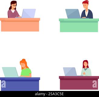 Set of four cartoon professionals working on laptops, representing office diversity. Diverse cartoon office workers using laptops Stock Vector