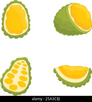 Colorful collection of jackfruit illustrations, depicting whole and sliced pieces in a flat design style. Cartoon vector set of sliced jackfruit pieces Stock Vector