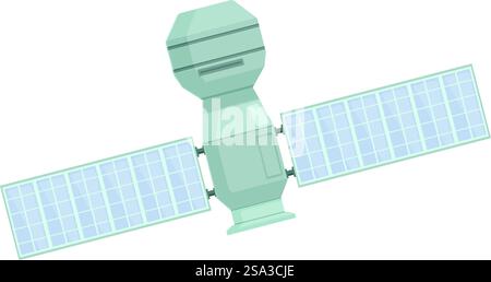 Colorful cartoon satellite illustration with solar panels and antenna, isolated on white background. Modern vector design for space technology, communication, and navigation. Isolated vector graphic of a stylized cartoon satellite with solar panels Stock Vector