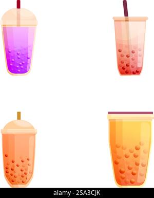 Vector illustrations of colorful bubble tea in various flavors with tapioca pearls. Assorted bubble tea drinks set Stock Vector