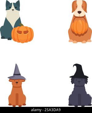 Set of four cute cartoon dogs dressed for halloween with pumpkins and witches hats. Halloween dogs collection with festive pumpkins and witches hats Stock Vector