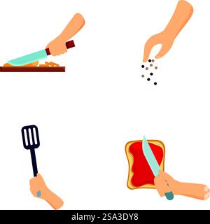 Vector illustration set of kitchen utensils for cooking, preparation, and baking with spatula, knife, pepper, seasoning, cutting, bread, and more in simple and handy graphic design. Collection of four vector illustrations of kitchen utensils and actions Stock Vector