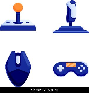 Vector illustrations of joystick, gamepad, gaming mouse, and flight stick. Set of gaming peripherals icons Stock Vector